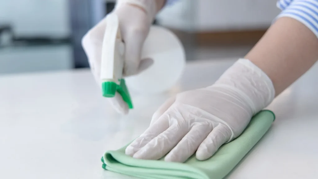 Cleaning Surface with white gloves and a green rag